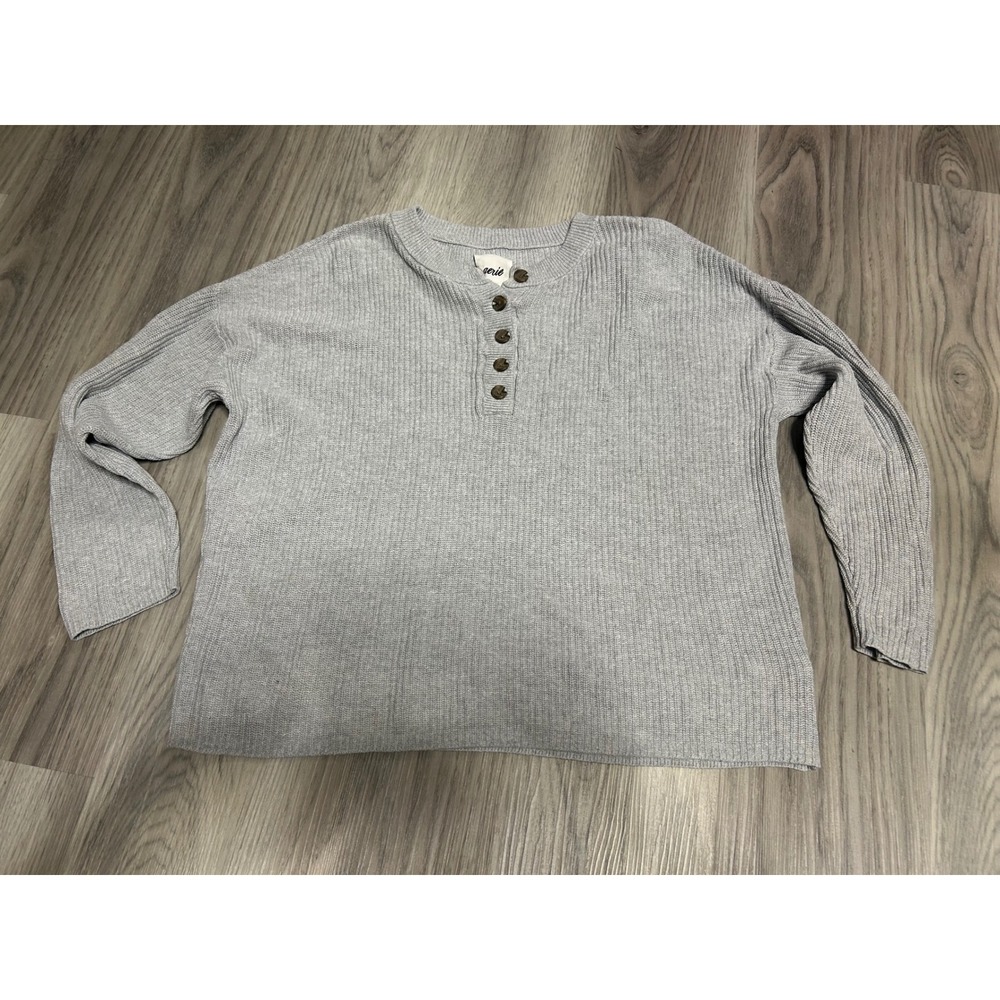 Aerie Ribbed Henley Oversized Sweater 100% Cotton Small Light Gray Heather